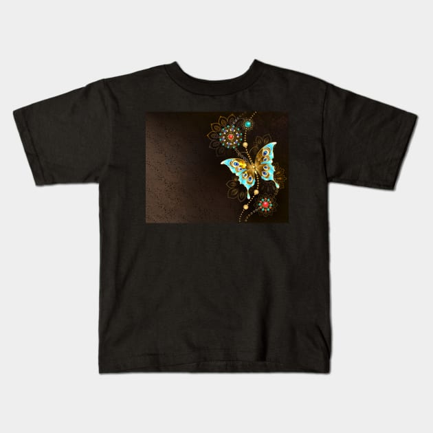 Brown Background with Turquoise Butterfly Kids T-Shirt by Blackmoon9